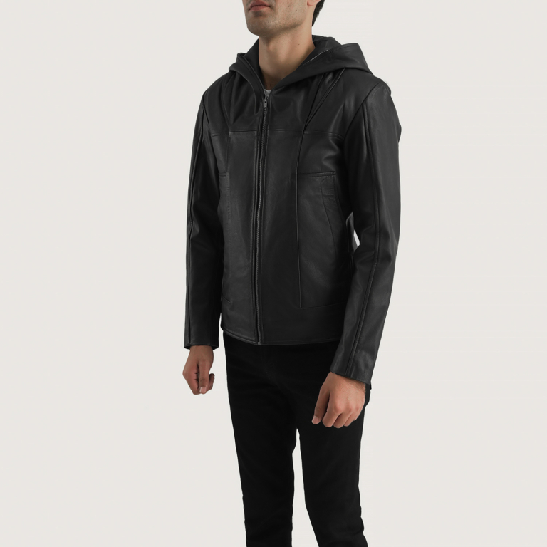 Mens Spratt Black Hooded Leather Jacket Side Pose-3-1700228932415